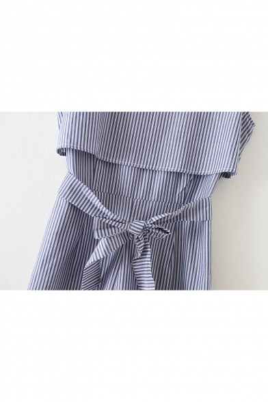 Fake Two-Piece Round Neck Sleeveless Striped Printed Tie Waist Casual Rompers