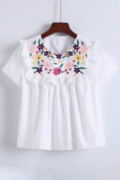 Floral Embroidered Layered Patched Round Neck Short Sleeve Pullover Blouse