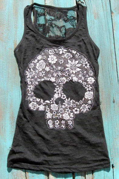 Hot Fashion Lace Inserted Back 3D Skull Printed Oversize Round Neck Tank Top