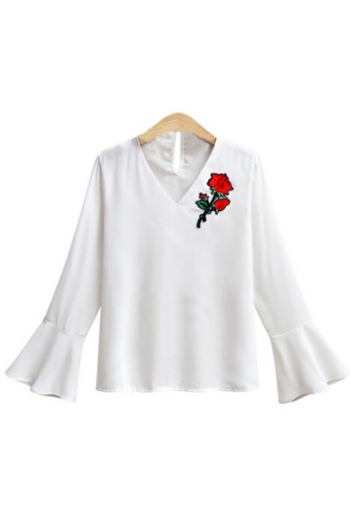 Loose Oversize V Neck Long Sleeve Flared Cuff Chic Floral Embroidered Pullover Blouse