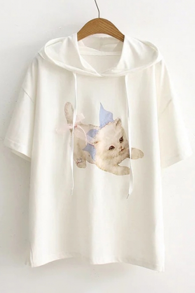 Lovely Drawstring Hooded Cartoon Cat Printed Short Sleeve Top