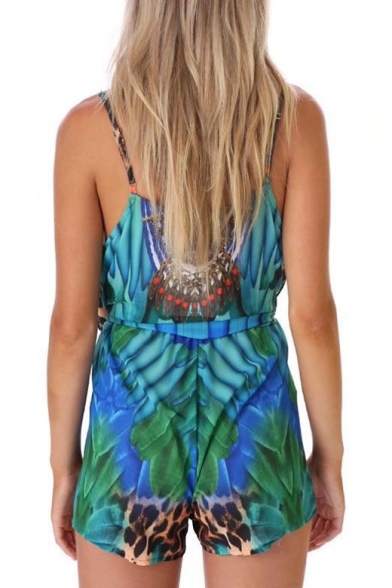 New Arrival Floral Printed Spaghetti Straps Sleeveless Beach Loose Rompers