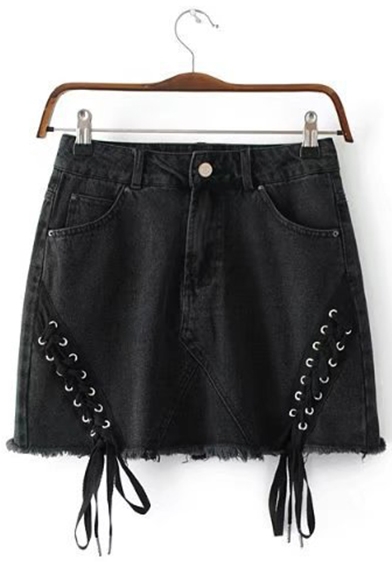 New Arrival Oblique Lace Up Fronted Plain Mini Denim A-Line Skirt