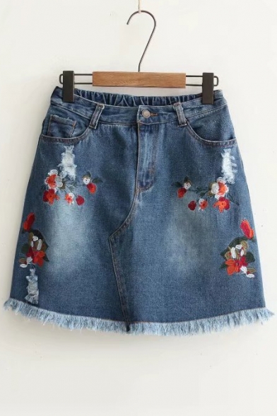 New Fashion Floral Embroidered Raw Edge Ripped A-Line Denim Mini Skirt