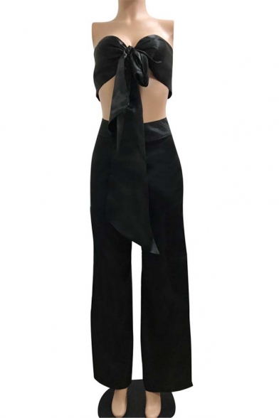 New Fashion Sexy Plain Bandeau Cropped Top with Loose Pants