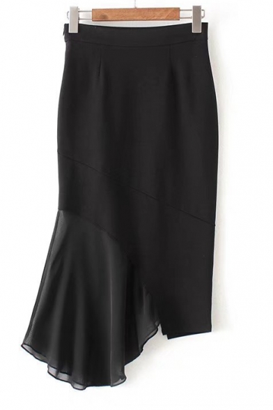 New Stylish Chiffon Patchwork Plain Midi Bodycon Asymmetrical Skirt