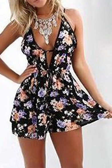 Plunge Neck Sleeveless Floral Printed Hot Fashion Loose Rompers