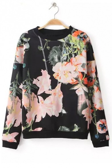 Retro Floral Printed Round Neck Long Sleeve Casual Pullover Sweatshirt