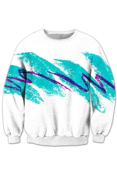 3D Ink Striped Printed Round Neck Long Sleeve Pullover Sweatshirt
