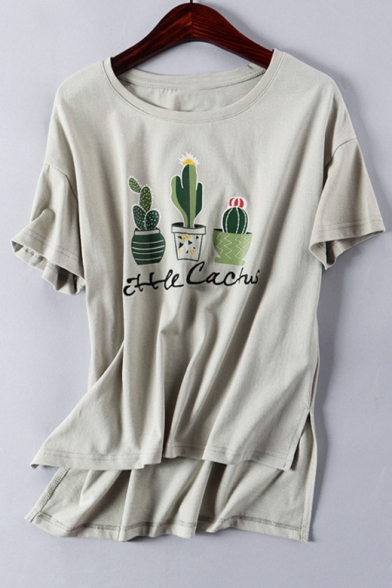 Cactus Printed Round Neck Short Sleeve High Low Hem Pullover Cotton Tee