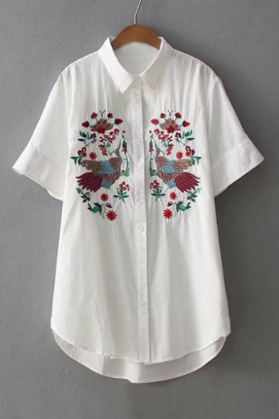 Chic Floral Birds Embroidered Lapel Collar Short Sleeve Buttons Down Shirt