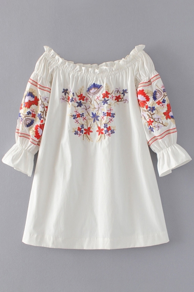 Chic Floral Embroidered Boat Neck Long Sleeve Flared Cuff Mini Swing Dress