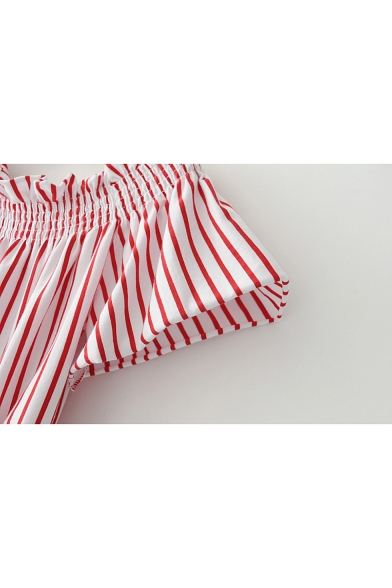 Elastic Boat Neck Short Sleeve Bow Embellished Striped Printed Cropped Blouse