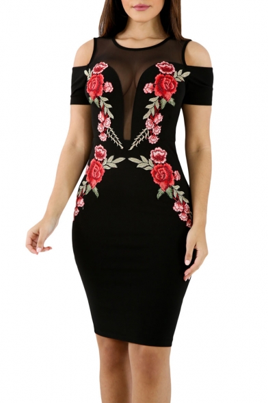 Hot Fashion Floral Embroidered Round Neck Short Sleeve Cold Shoulder Midi Pencil Dress
