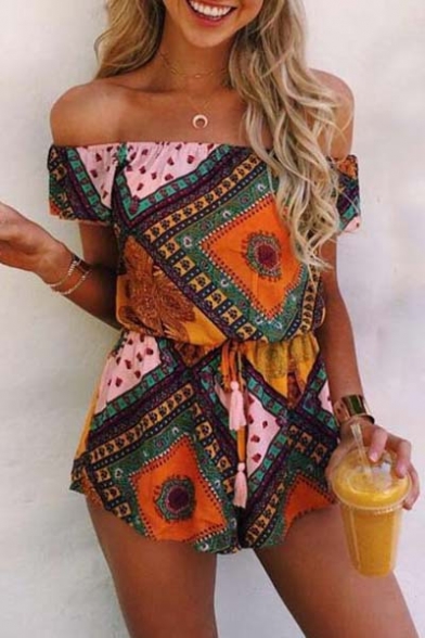 New Arrival Off The Shoulder Short Sleeve Tribal Printed Rompers