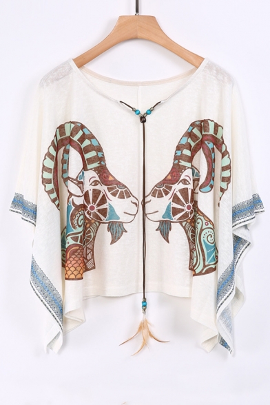 New Arrival Round Neck Batwing Sleeve Tribal Printed Loose Pullover Blouse