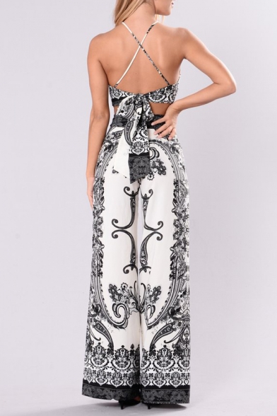 New Fashion Tribal Printed Sleeveless Cropped Top with Wide Legs Pants
