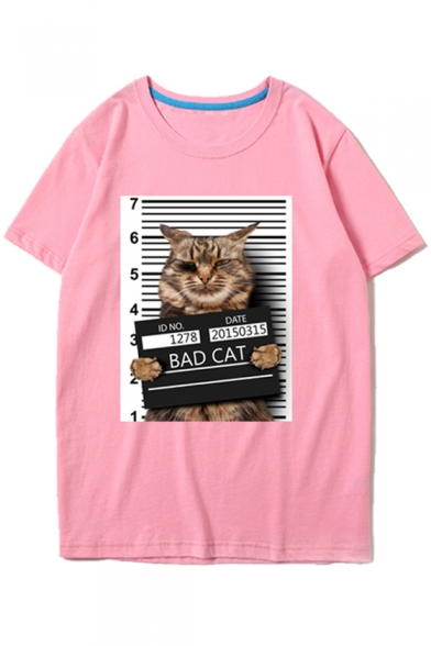 New Stylish Funny Cartoon Cat Pattern Short Sleeve Round Neck Pullover Tee