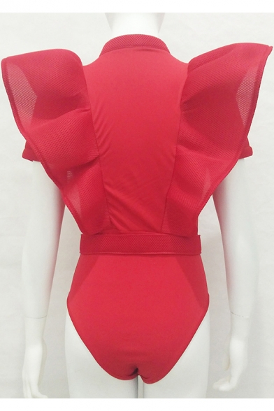 New Stylish Ruffle Sides Single Breasted Sleeveless Plain Bodysuit with Belt