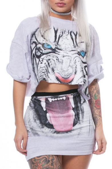 Round Neck Short Sleeve Tiger Printed Cropped Tee with Mini Bodycon Skirt