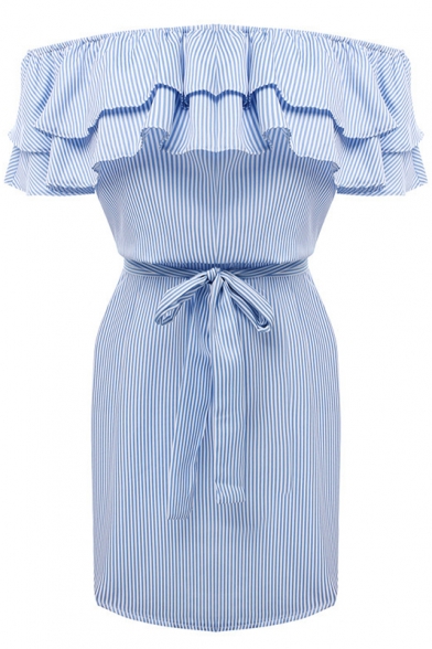 Ruffle Hem Striped Printed Off The Shoulder Tie Waist Mini Bodycon Dress