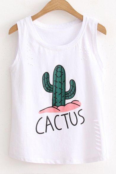 Summer's Fresh Cactus Pattern Round Neck Sleeveless Cut Out Fashion Tank Tee
