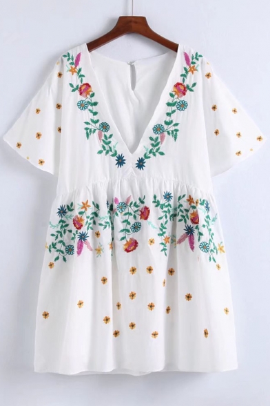 V Neck Short Sleeve Chic Floral Embroidered Mini A-Line Dress