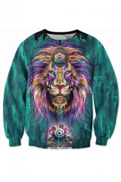 3D Ink Lion Pattern Casual Long Sleeve Round Neck Pullover Sweatshirt