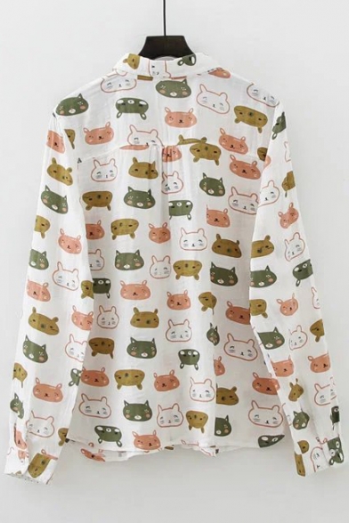 Adorable Color Block Cartoon Cat Printed Long Sleeve Lapel Single Breasted Shirt