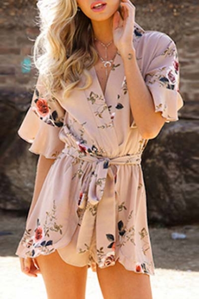 Hot Fashion Plunge Neck Half Sleeve Floral Printed Tie Waist Rompers