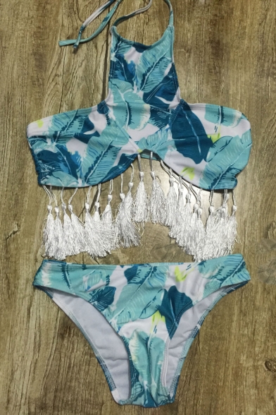 New Arrival Leaves Printed Tassel Halter Top Swimwear Sets