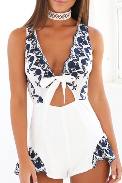 New Fashion Embroidered Plunge Neck Sleeveless Zip Back Rompers