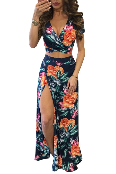 Retro Floral Printed Plunge Neck Short Sleeve Cropped Top with Slit Maxi Skirt