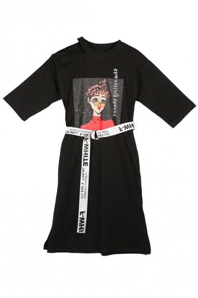 Street Style Cartoon Girl Printed Round Neck Half Sleeve Midi Casual T-Shirt Dress