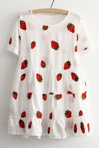 Summer's Strawberry Printed Round Neck Short Sleeve Mini Casual Smock Dress