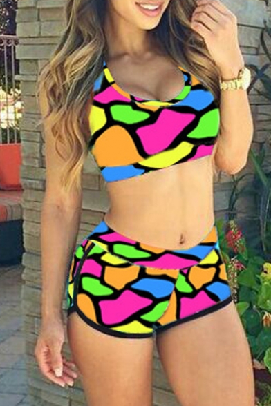 Women's Fashion Colorful Printed Cropped Tank Top High Waist Swimwear