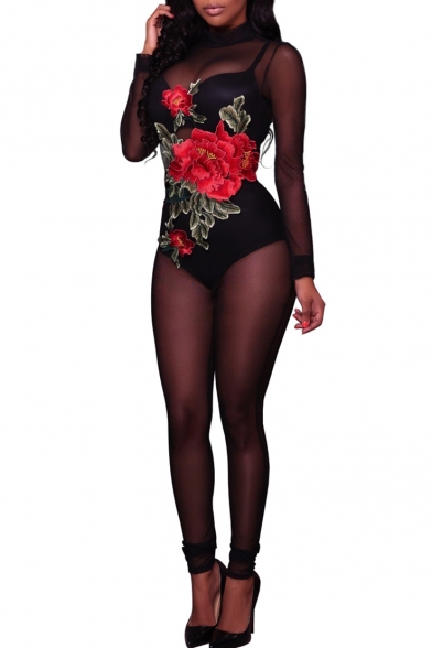 Chic Floral Embroidered Sheer Mesh Round Neck Long Sleeve Fitted Jumpsuits