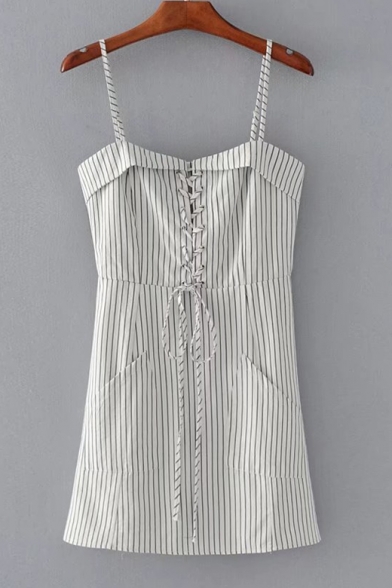 Chic Spaghetti Straps Classic Striped Pattern Mini A-Line Slip Dress