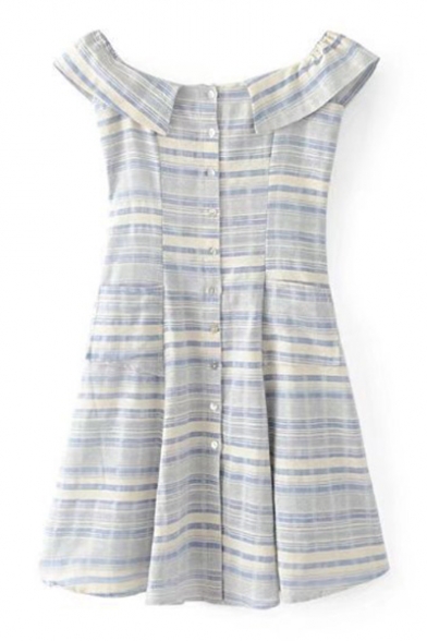 Classic Striped Printed Boat Neck Sleeveless Buttons Down Mini A-Line Dress