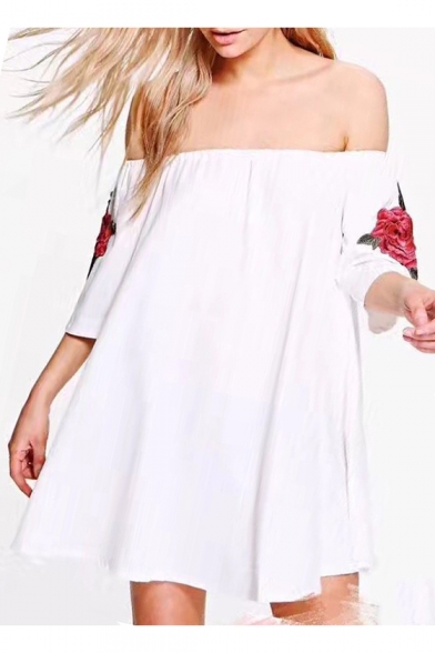 Fashion Sexy Off the Shoulder Half Sleeve Embroidery Floral Appliqued Mini Swing Dress