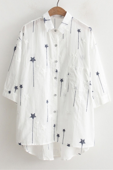 Five-Point Star Embroidered Lapel Collar Half Sleeve Buttons Down High Low Shirt