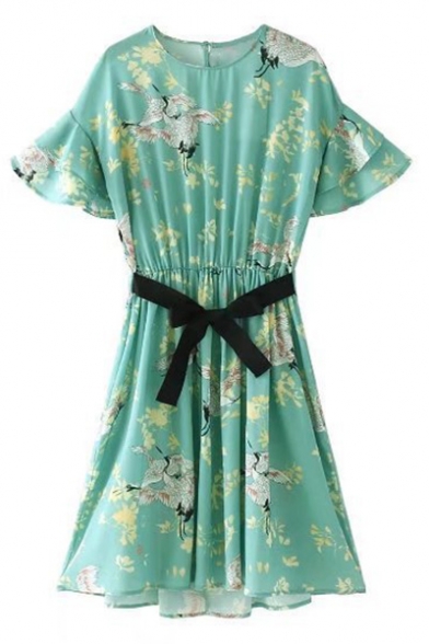 Floral Cranes Printed Round Neck Short Sleeve Midi A-Line Dress
