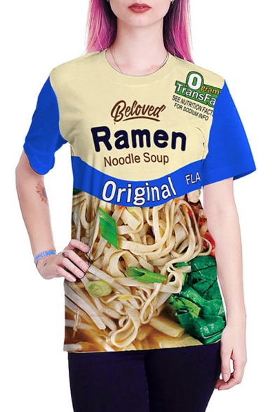 Hot Fashion 3D Noodles Pattern Round Neck Short Sleeve Unisex Casual T-Shirt