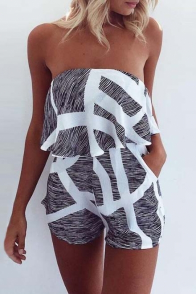 Hot Fashion Striped Printed Bandeau Sleeveless Loose Beach Rompers