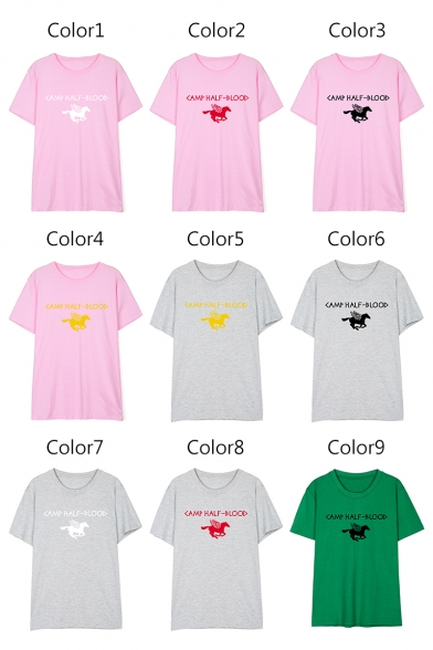 Letter Flying Horse Printed Round Neck Short Sleeve Pullover T-Shirt