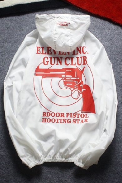 Letter Gun Printed Back Hooded Long Sleeve Zip Placket Unisex Coat