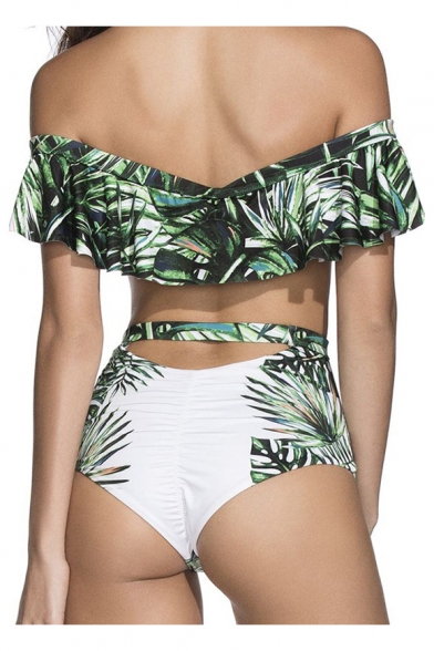New Arrival Off the Shoulder Ruffle Front Cutout Waist Leaves Printed One-Piece Swimwear