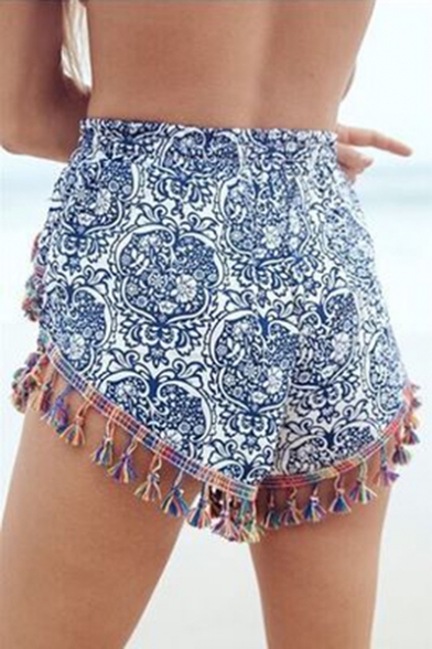 Boho Style Floral Printed Chic Tassel Trim Casual Leisure Beach Shorts