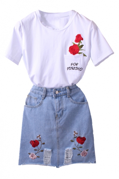 Fashion Two Pieces Embroidery Floral Short Sleeve Round Neck Tee with Denim Skirt