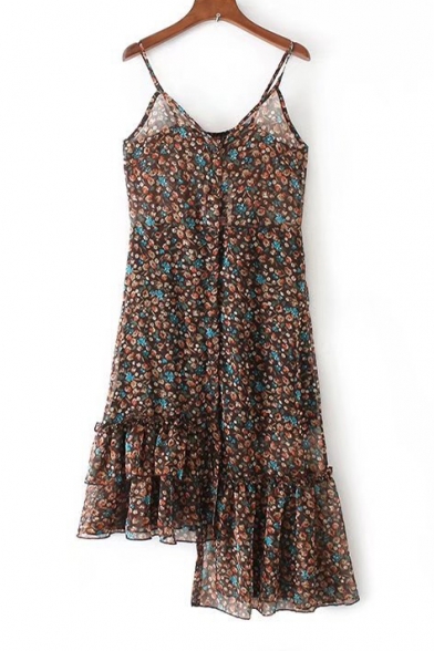 Floral Printed Spaghetti Straps Sleeveless Maxi Asymmetrical Slip Dress